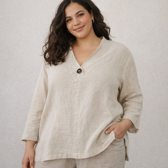 Hot Cotton Tops - Vintage Hot Cotton Linen Blouse Women's XL Tan V Neck 3/4 Sleeve Top Made In USA